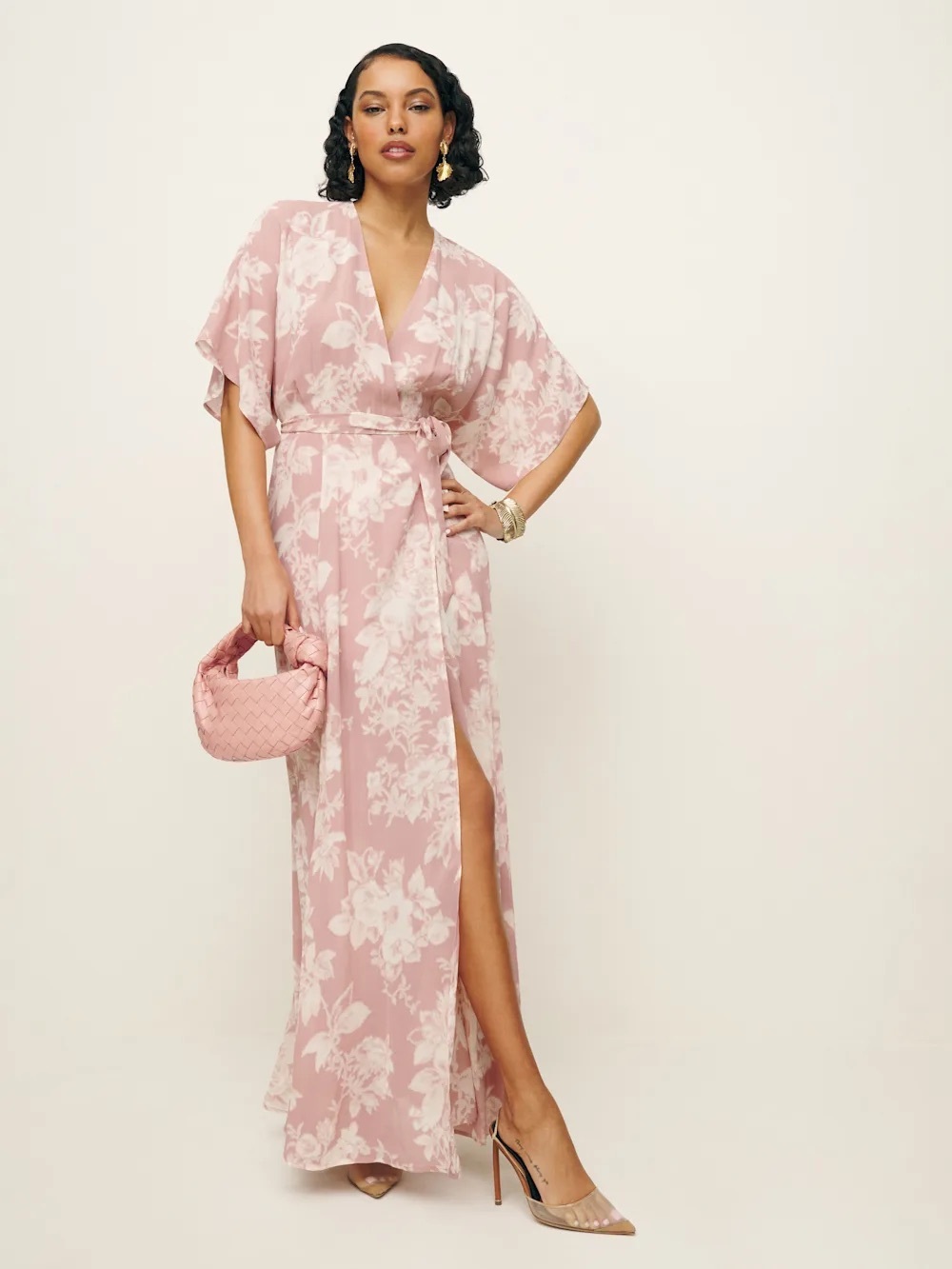 Reformation Winslow Floral Print Wrap Robe Maxi Long Dress Blush Pink - Picture 2 of 12